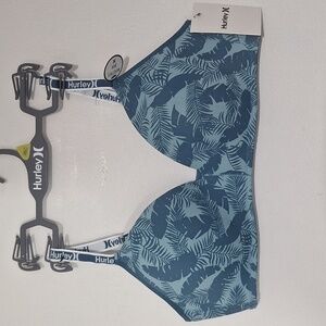 Hurley Teal Leaf Print Bra Wireless Padded Logo Bra